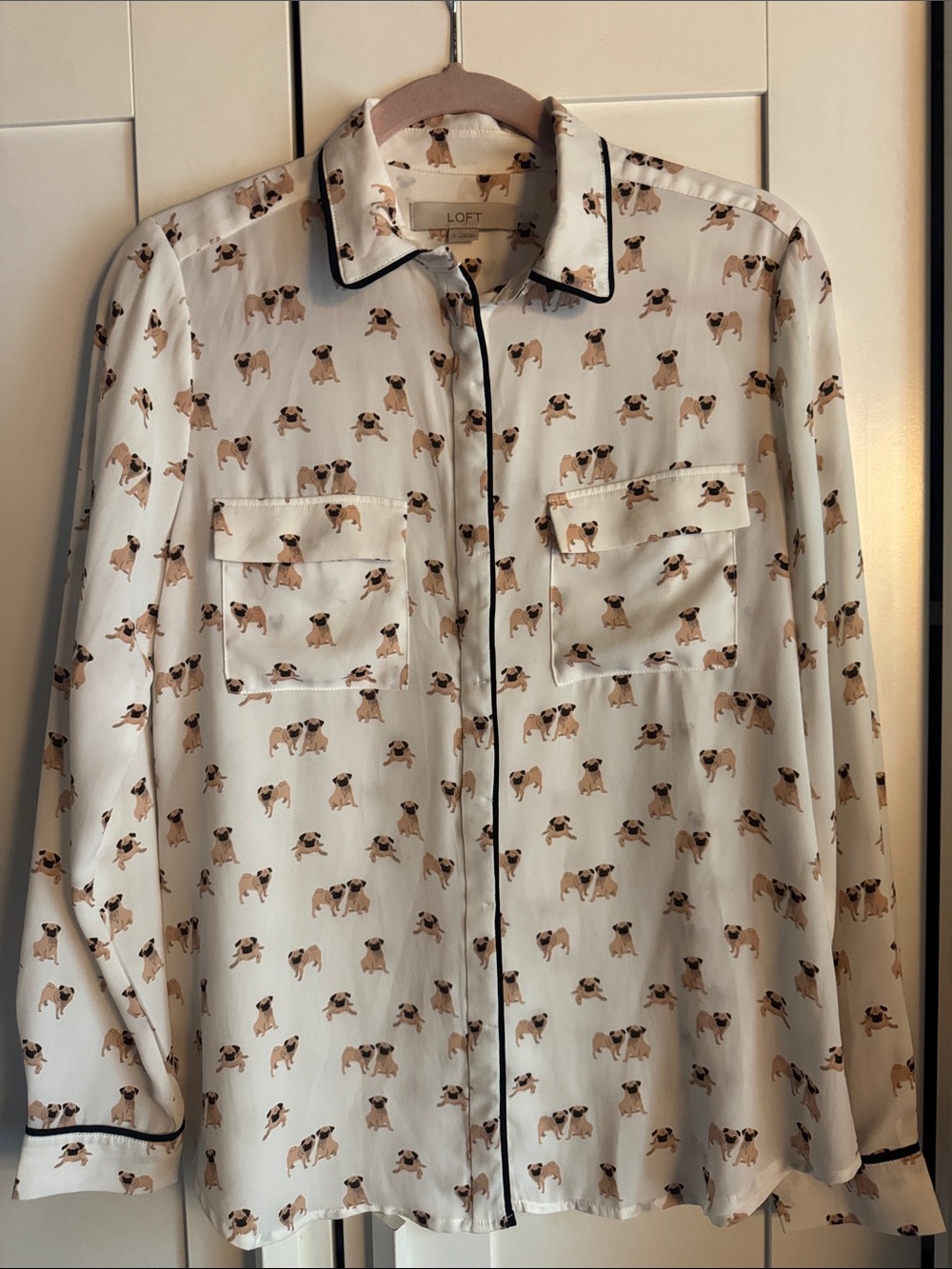 LOFT Cream Blouse with Pug Print and Black Piping